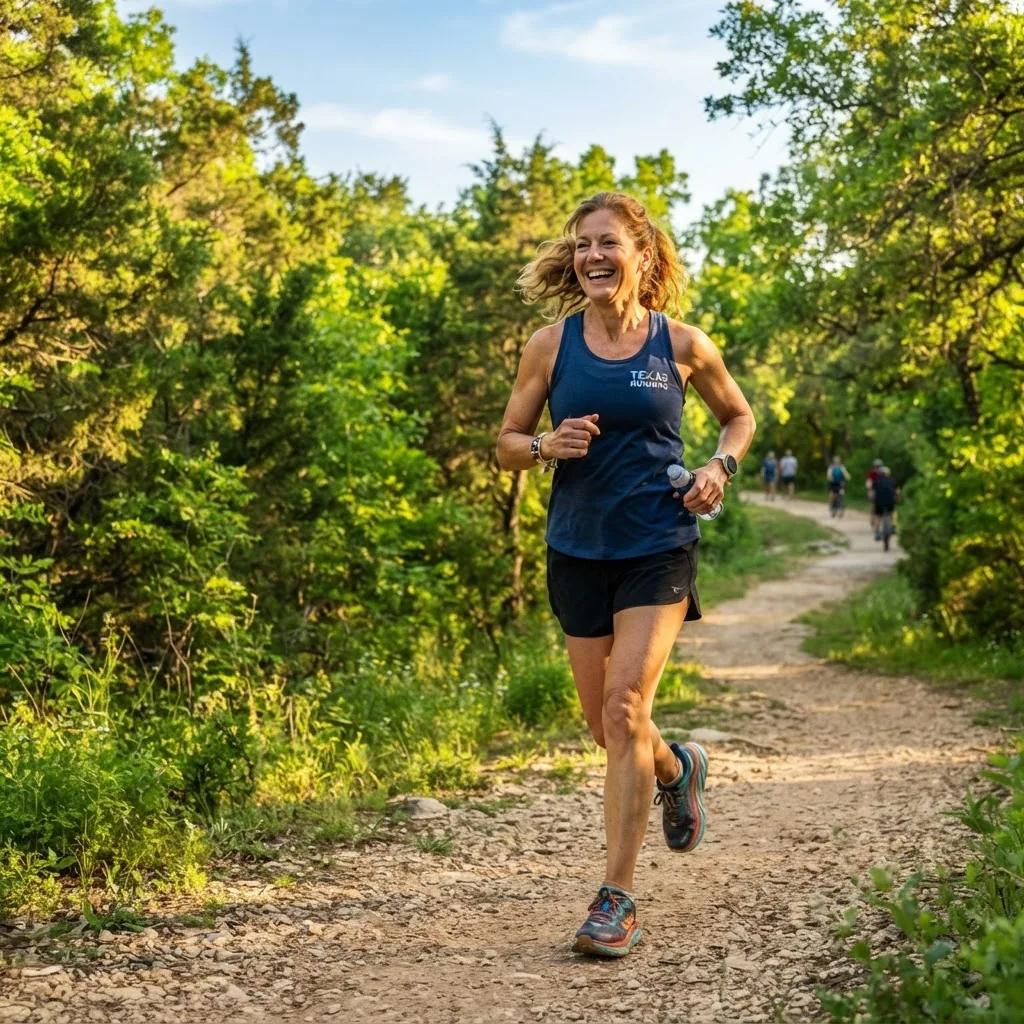 Lifestyle image showing a middle-aged Texas woman jogging outdoors on a sunny morning trail with green trees, wearing casual athletic wear,