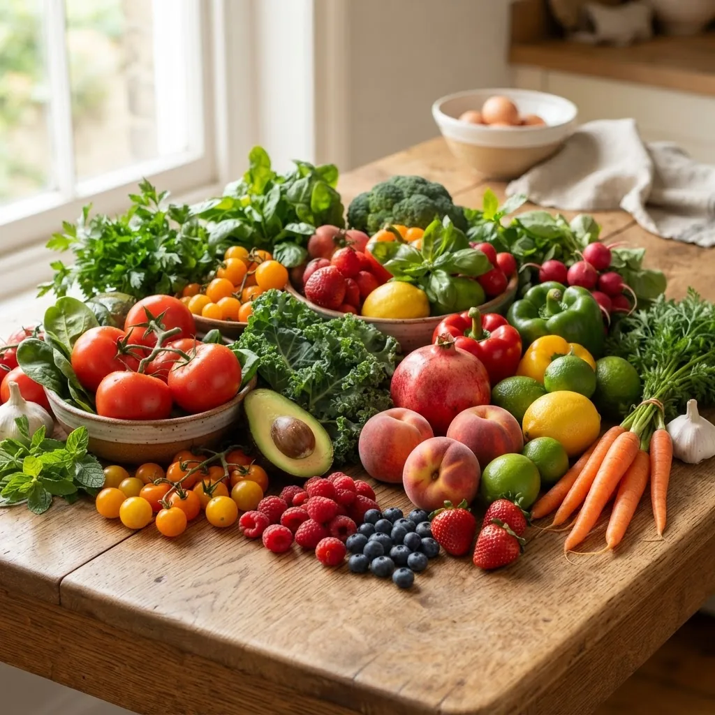 Close-up bright photo of diverse fresh fruits and vegetables arranged in a balanced, colorful, appealing way on a wooden kitchen table,
