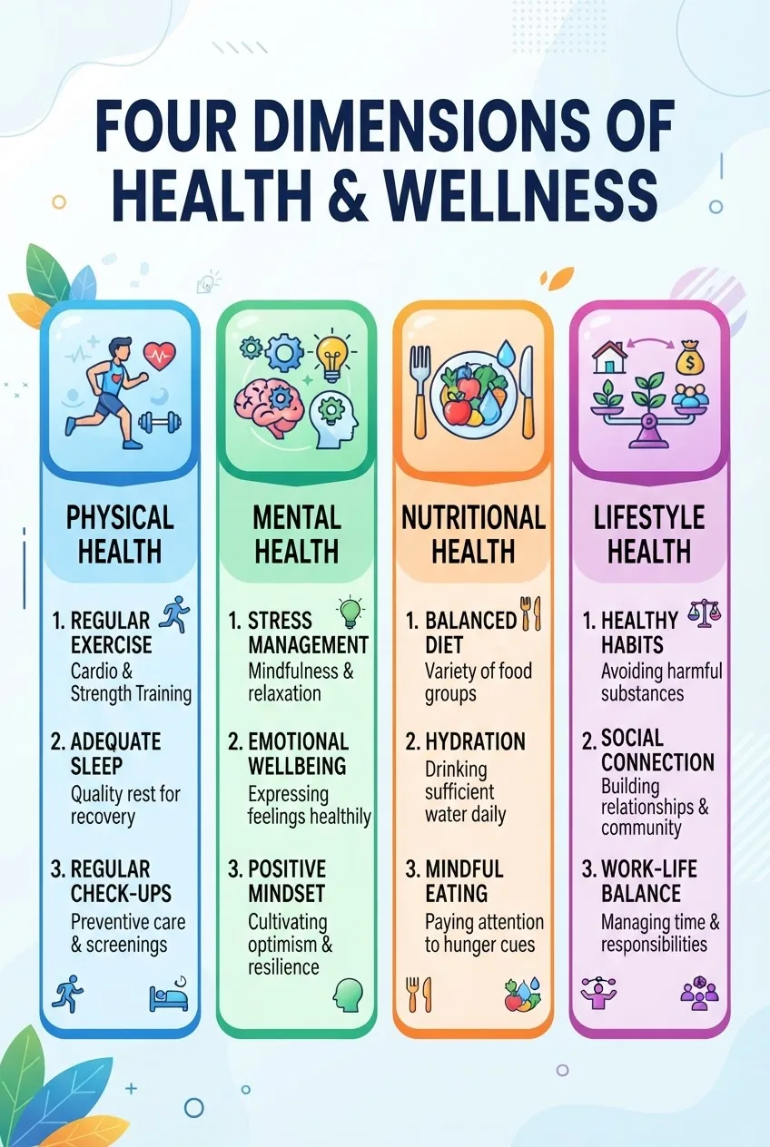 Clean infographic displaying four columns representing Physical, Mental, Nutritional, and Lifestyle health dimensions, each with distinct