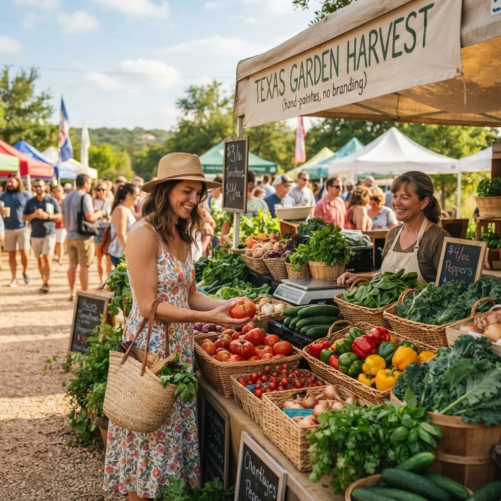 Outdoor farmers market scene in Texas, with baskets of fresh seasonal vegetables like tomatoes, peppers, and greens, warm natural sunlight,