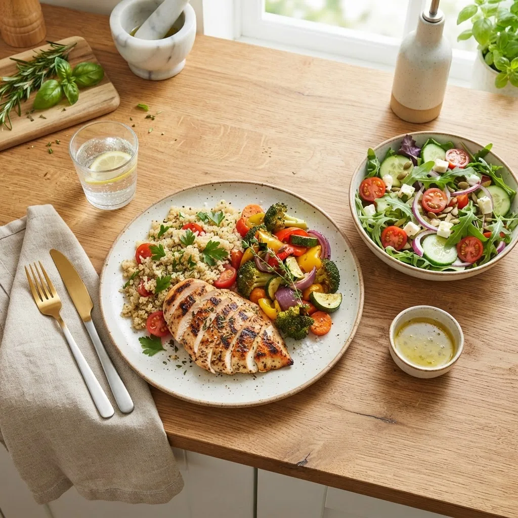 A brightly lit kitchen countertop featuring a quick healthy dinner meal plate with grilled chicken, roasted vegetables, quinoa, and a fresh