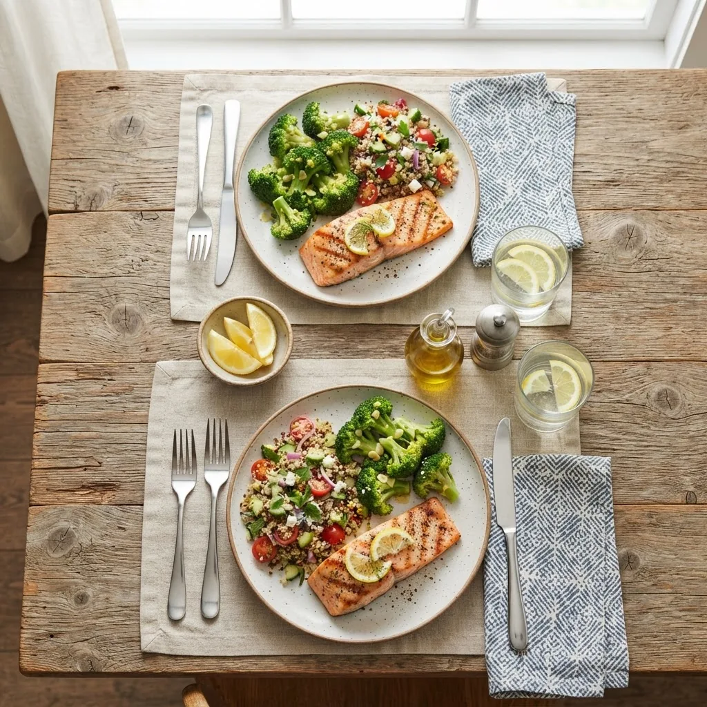 Overhead shot of a bright, appealing 30-minute heart-healthy dinner plated for two, featuring grilled salmon, steamed broccoli, and quinoa