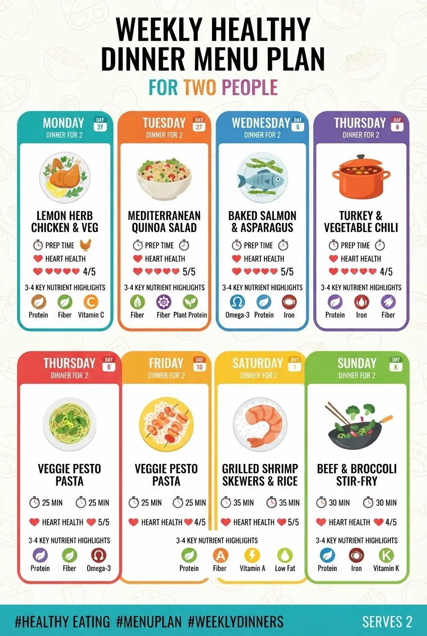 A clean, colorful infographic displaying a 7-day dinner menu plan for two with each day’s meal title, prep time icon, heart-health rating,