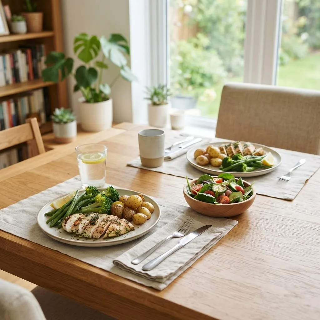 neatly arranged table with an affordable healthy dinner for two, displaying simple dishes like grilled chicken, steamed greens, and roasted