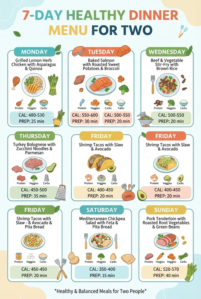 visually appealing 7-day dinner menu infographic structured as a grid, each day showing one meal option with icons for protein, vegetables,