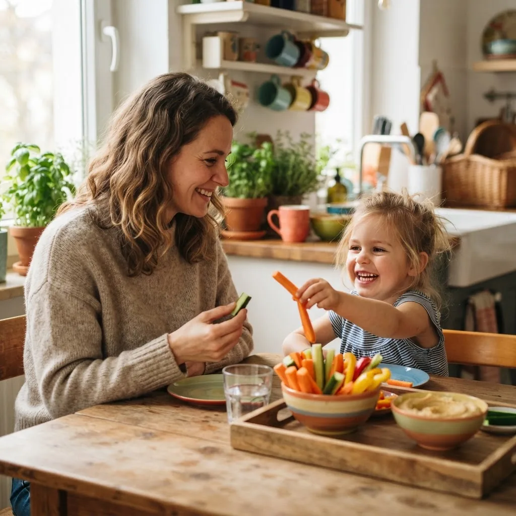 a mother and child tasting healthy homemade snacks at the dining table, child smiling and reaching for a vegetable stick, kitchen setting