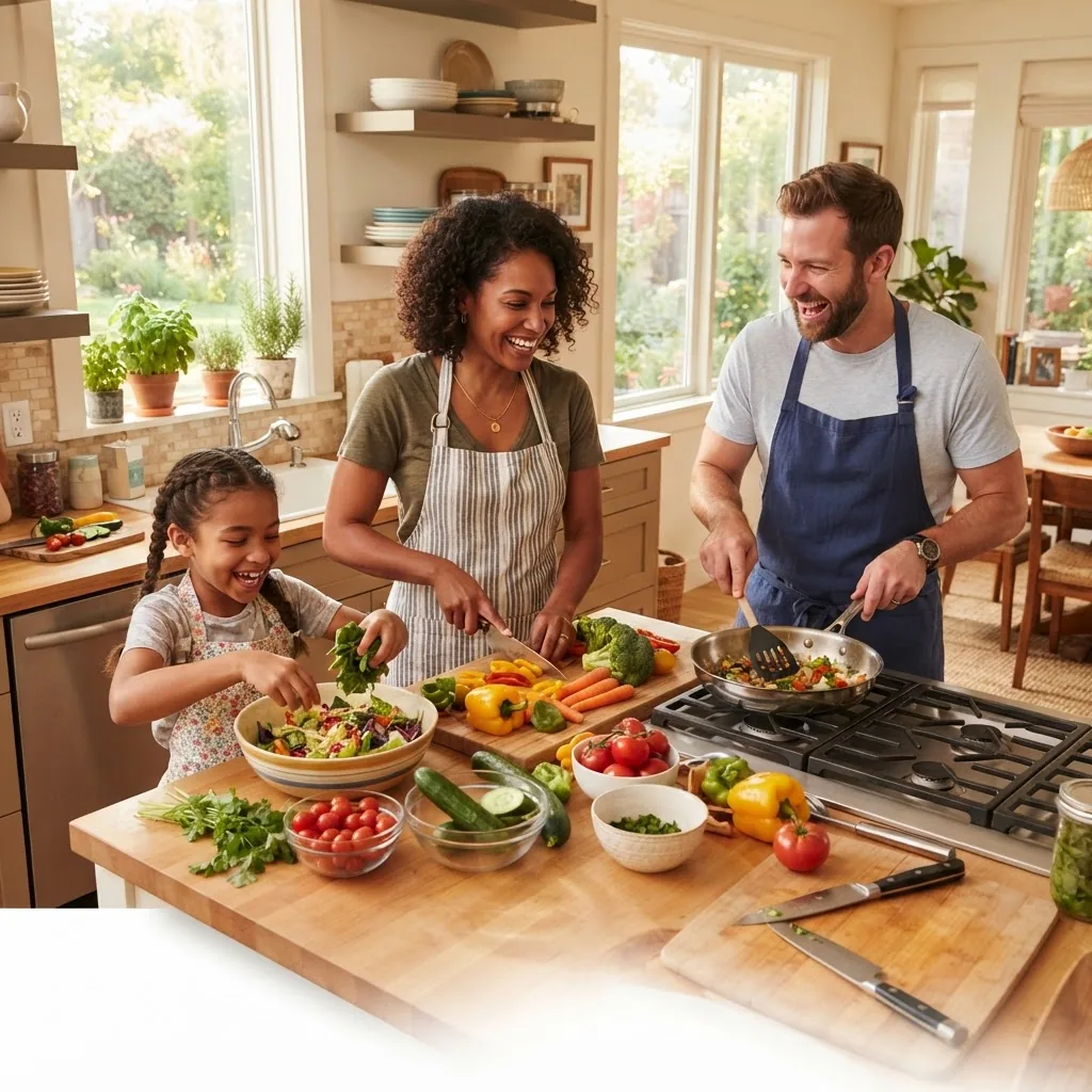 bright, inviting kitchen scene with a diverse family of four (parents and two children) preparing a colorful meal together, fresh