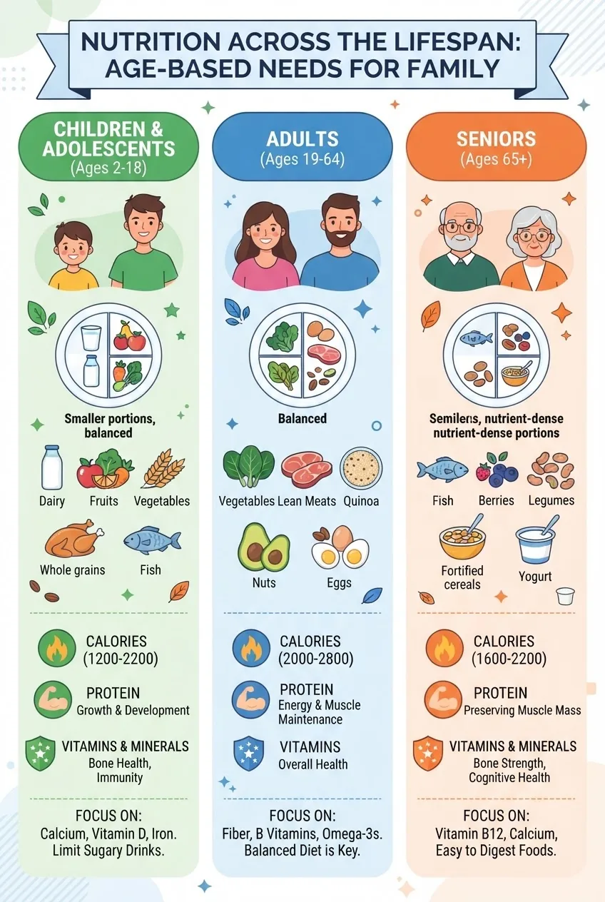 illustrating age-based nutritional needs for family members: segmented into children, adults, and seniors; icons for calories, protein,