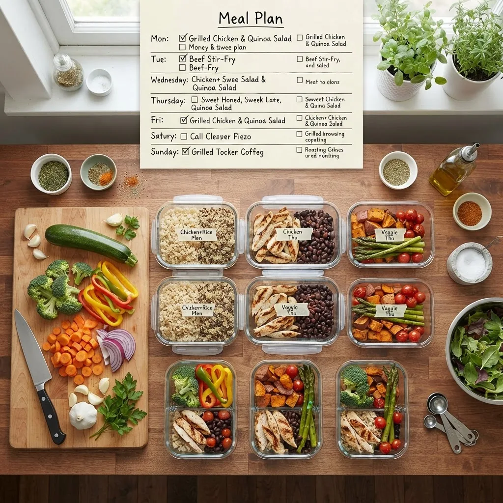 a meal prep setup on a kitchen counter including chopping vegetables, measured portions of proteins and grains in containers, and a