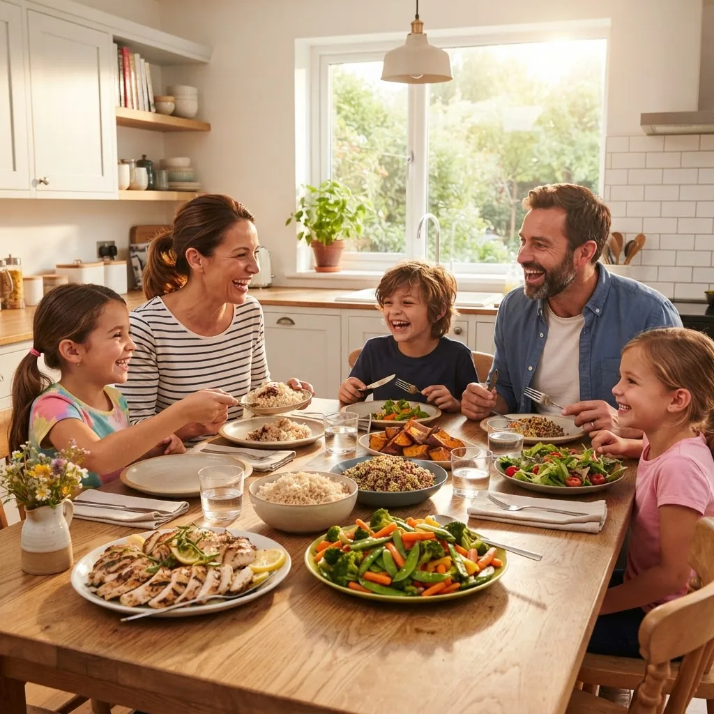 bright, inviting family dinner scene with parents and children around a table full of colorful healthy dishes like grilled chicken, steamed