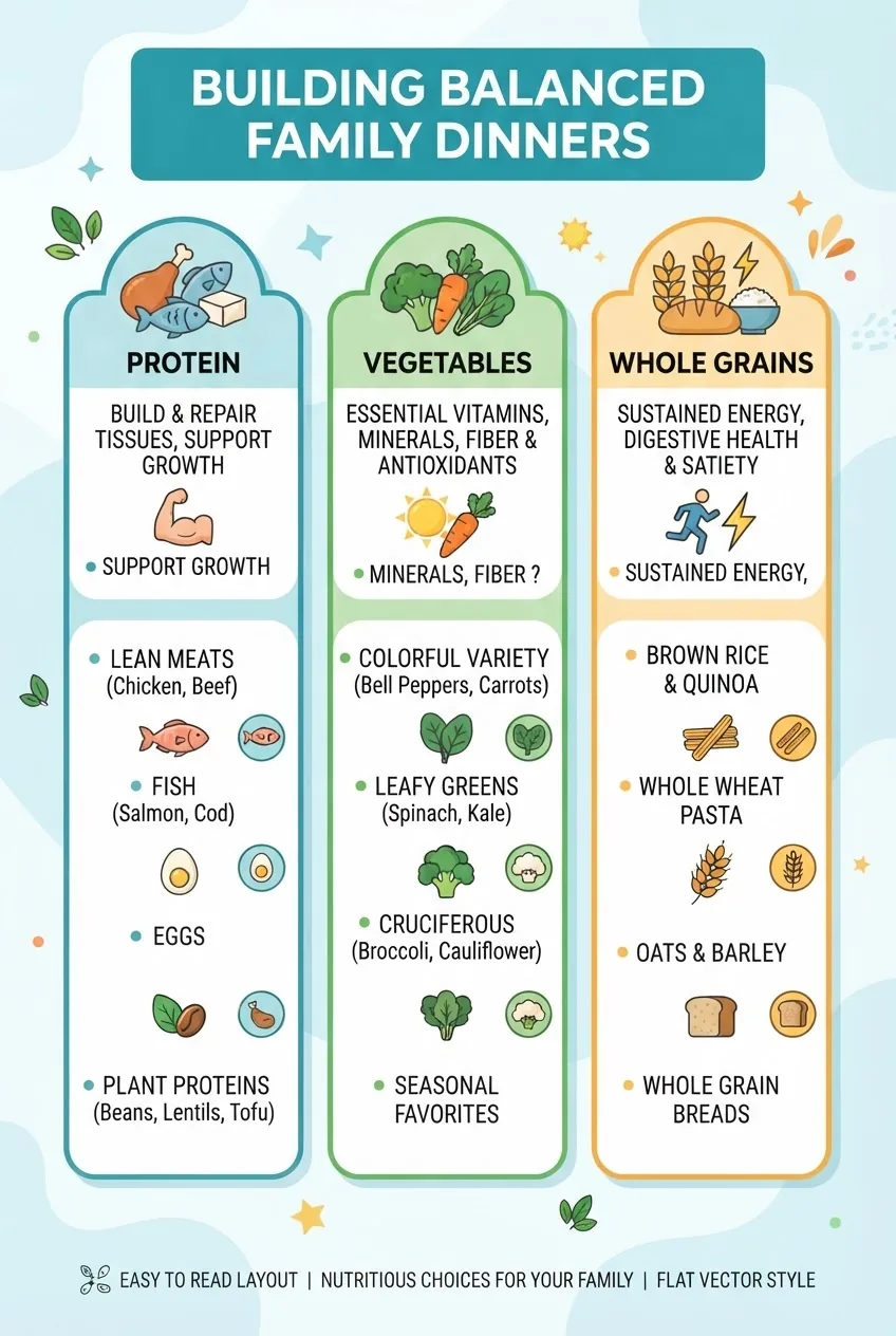 with three main sections representing protein, vegetables, and whole grains, each with simple icons, brief notes on benefits, and examples