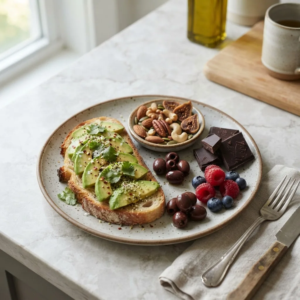 Close-up of a planted-based healthy snack plate featuring mixed nuts, sliced avocado toast, olives, and dark chocolate pieces on a modern