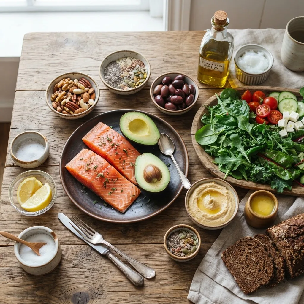 A colorful overhead shot of a variety of healthy fat-rich foods arranged on a rustic wooden table, including avocados, nuts, seeds, olive