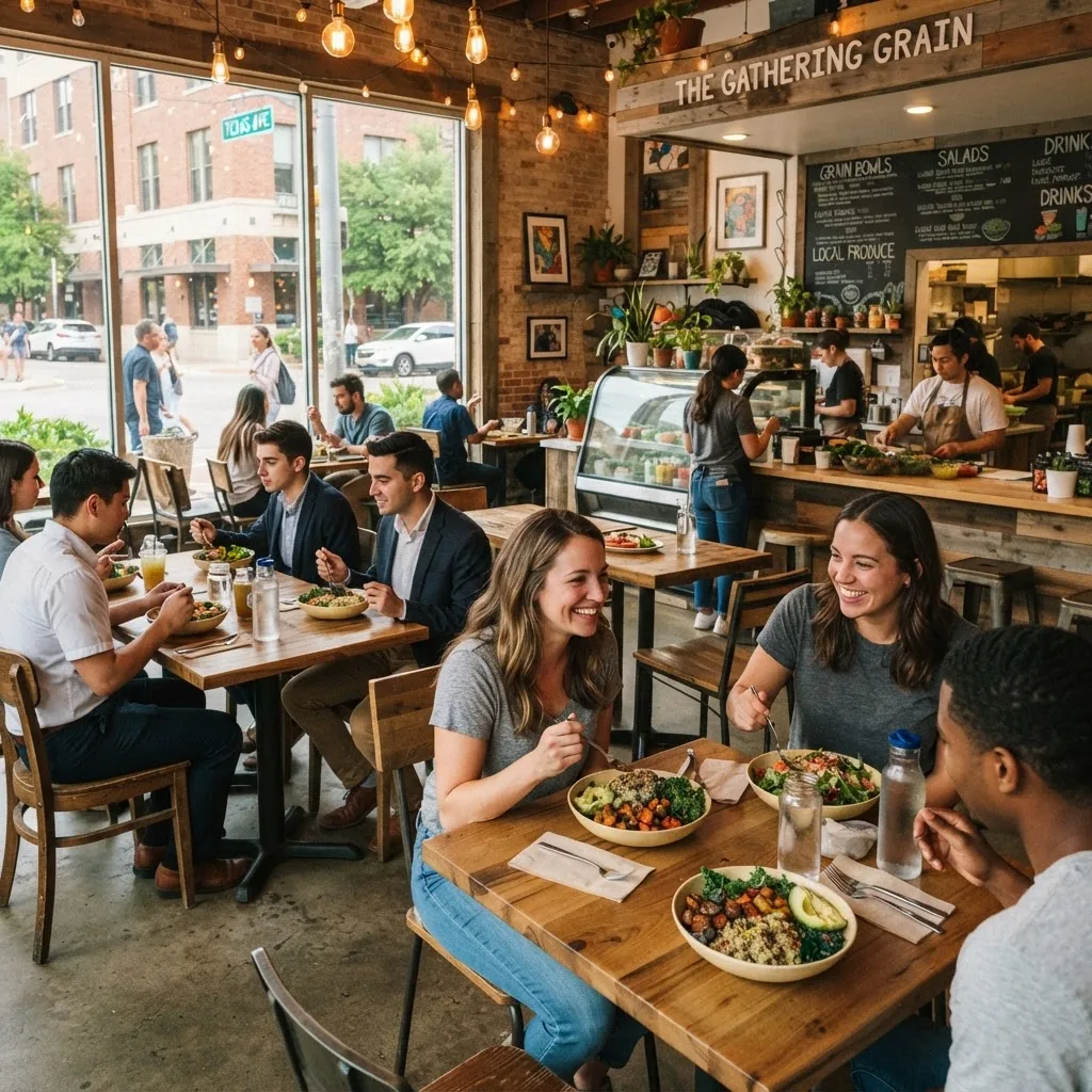 A cozy, budget-friendly casual healthy eatery interior with customers enjoying nutritious meals like salads and grain bowls, warm lighting,