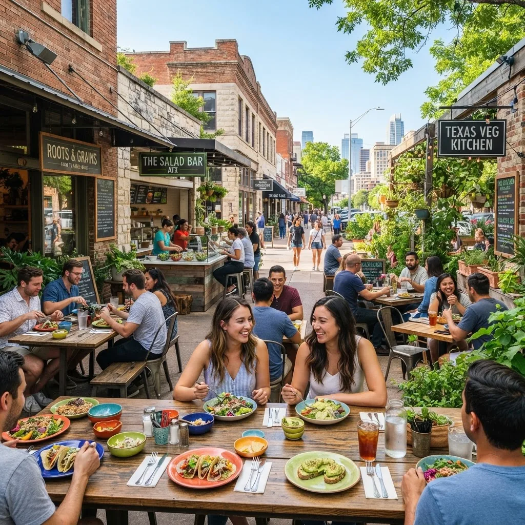 A bright, inviting dining scene featuring a variety of healthy Texas restaurants including farm-to-table, salad bars, and vegetarian