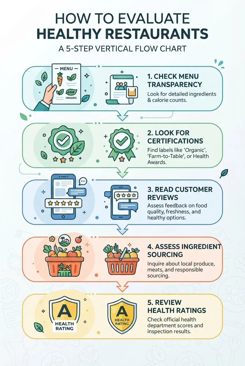 with a 5-step vertical flow chart showing how to evaluate healthy restaurants: 1. Check menu transparency, 2. Look for certifications, 3.