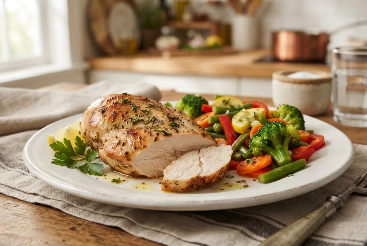 A close-up shot of a perfectly baked chicken breast on a white plate with a colorful side of steamed vegetables, natural daylight from the