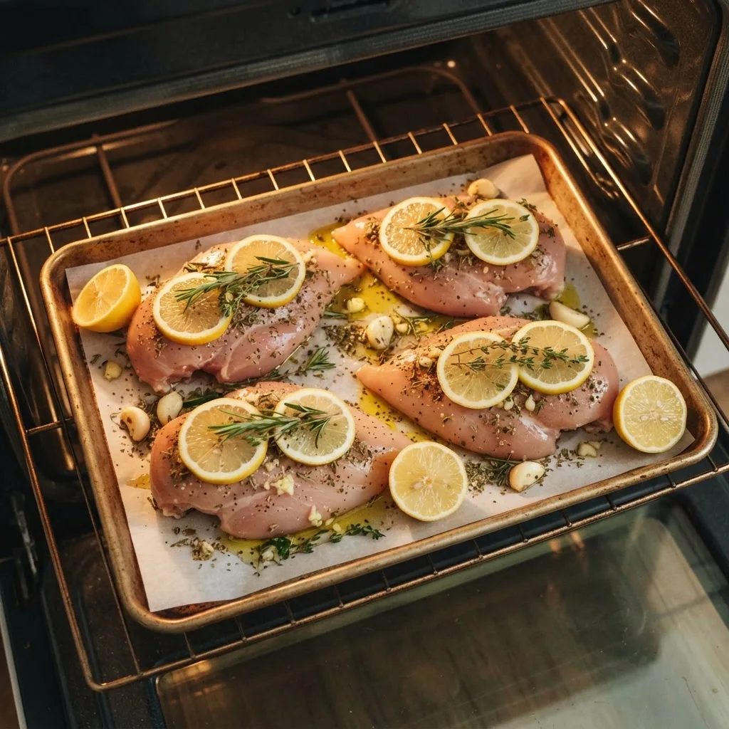 Overhead angle of a baking sheet inside an oven with raw chicken breasts seasoned with herbs, olive oil drizzle, and sliced lemons, showing