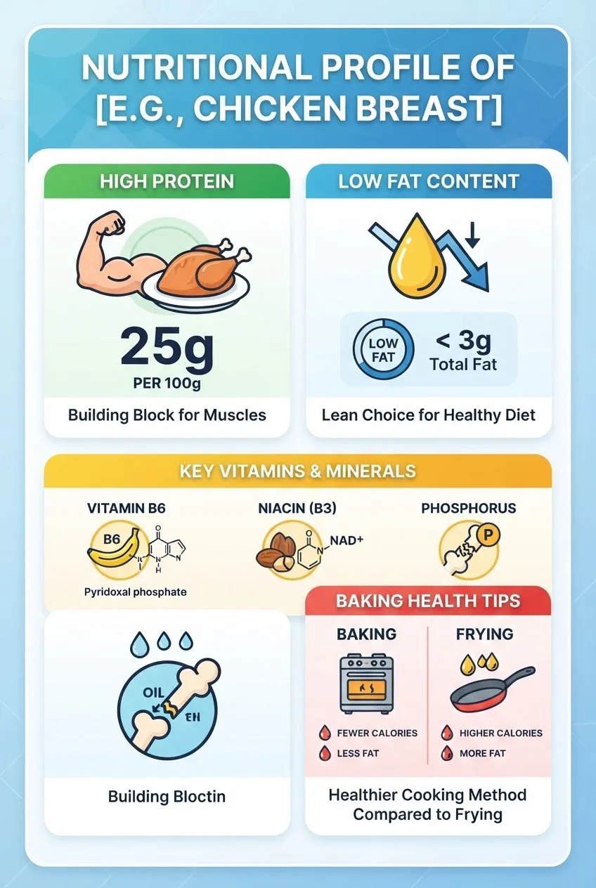 Infographic with four sections arranged horizontally: (1) Protein content with icon and 25g per 100g stat, (2) Low fat percentage, (3) Key