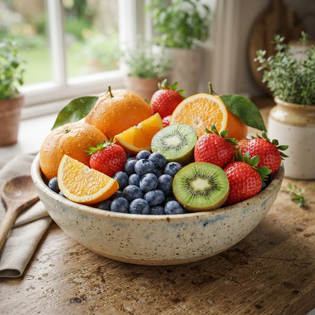 a close-up, bright and sharp image of an assortment of vitamin-rich fruits — oranges, strawberries, blueberries, and kiwi — arranged in a