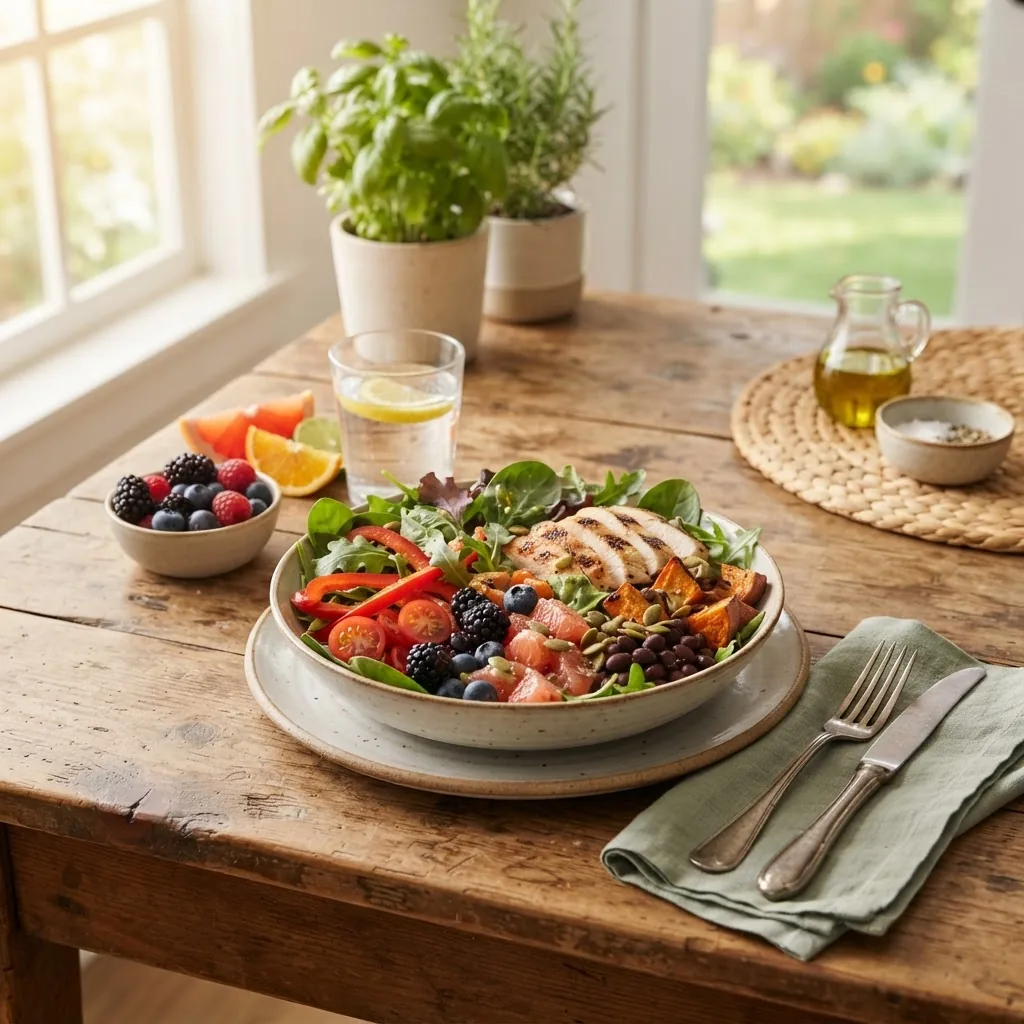a freshly prepared balanced meal on a wooden kitchen table featuring a variety of colorful fruits and vegetables native to Texas, including