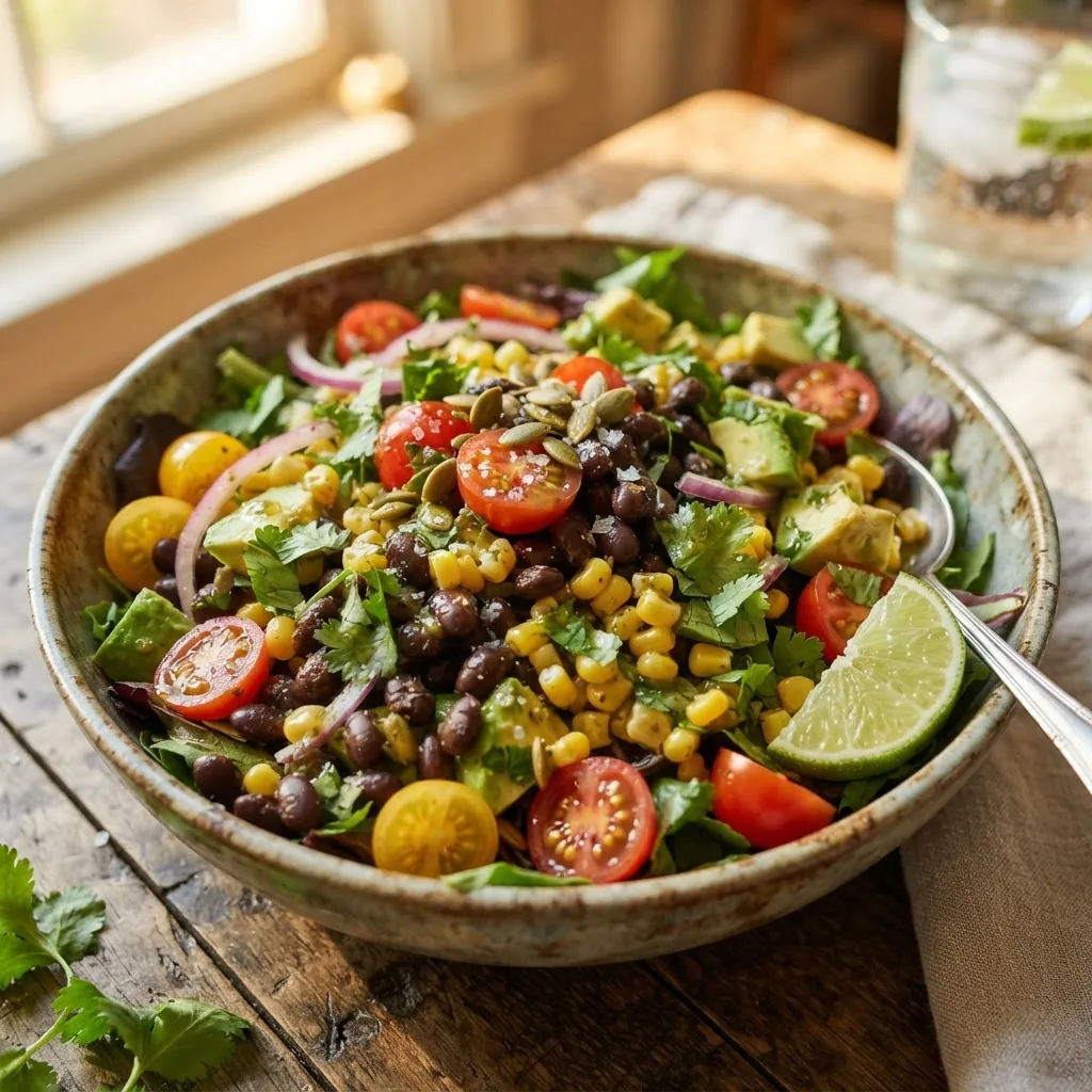 Close-up shot of a fresh, vibrant salad bowl with black beans, tomatoes, corn, cilantro, and lime dressing inspired by Tex-Mex cuisine,