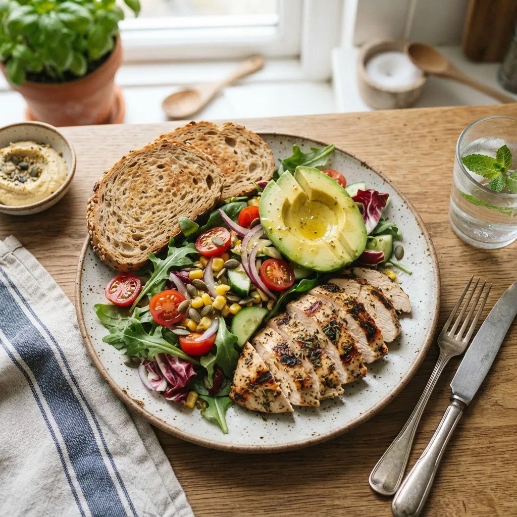 A bright, appetizing photo of a quick homemade lunch plate featuring grilled chicken, colorful mixed greens with avocado slices, and whole