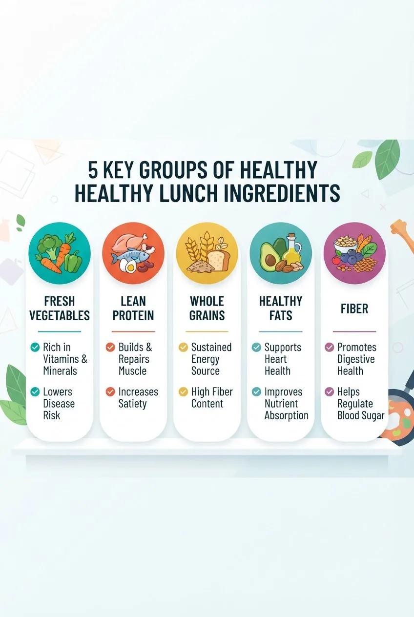 shows five key groups of healthy lunch ingredients arranged horizontally: fresh vegetables, lean protein, whole grains, healthy fats, and