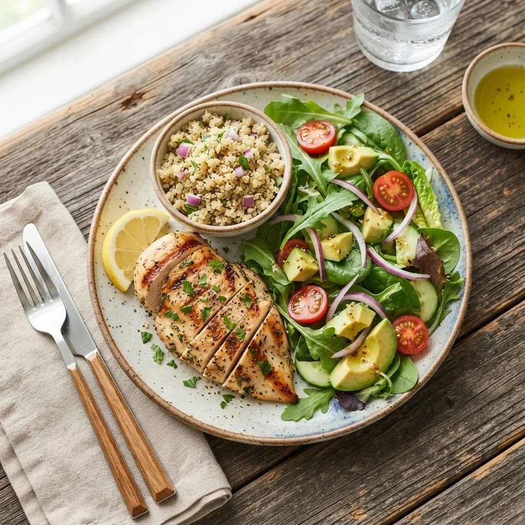 A vibrant overhead shot of a colorful, balanced lunch plate on a rustic wooden table, featuring grilled chicken breast, mixed greens salad