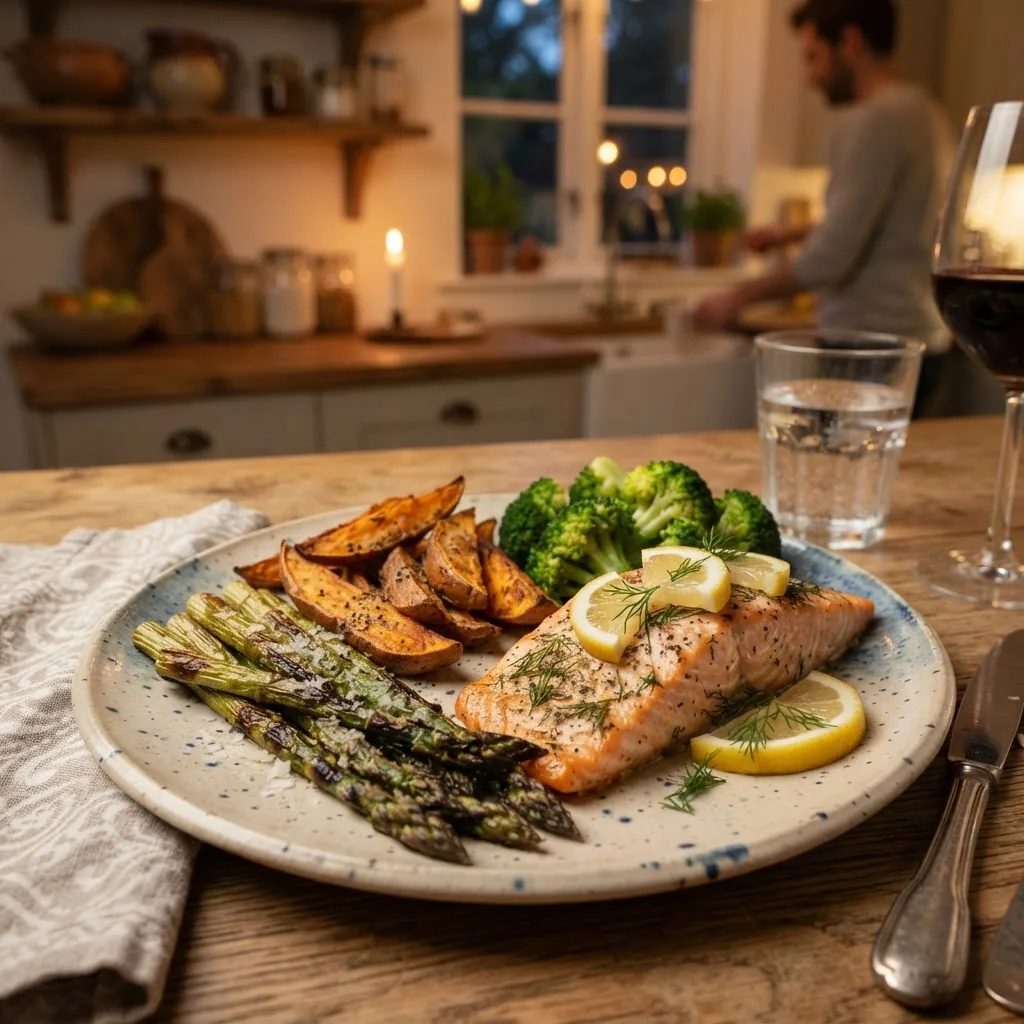 A warm, inviting close-up of a hearty dinner plate with baked salmon, roasted asparagus, sweet potato wedges, and a side of steamed