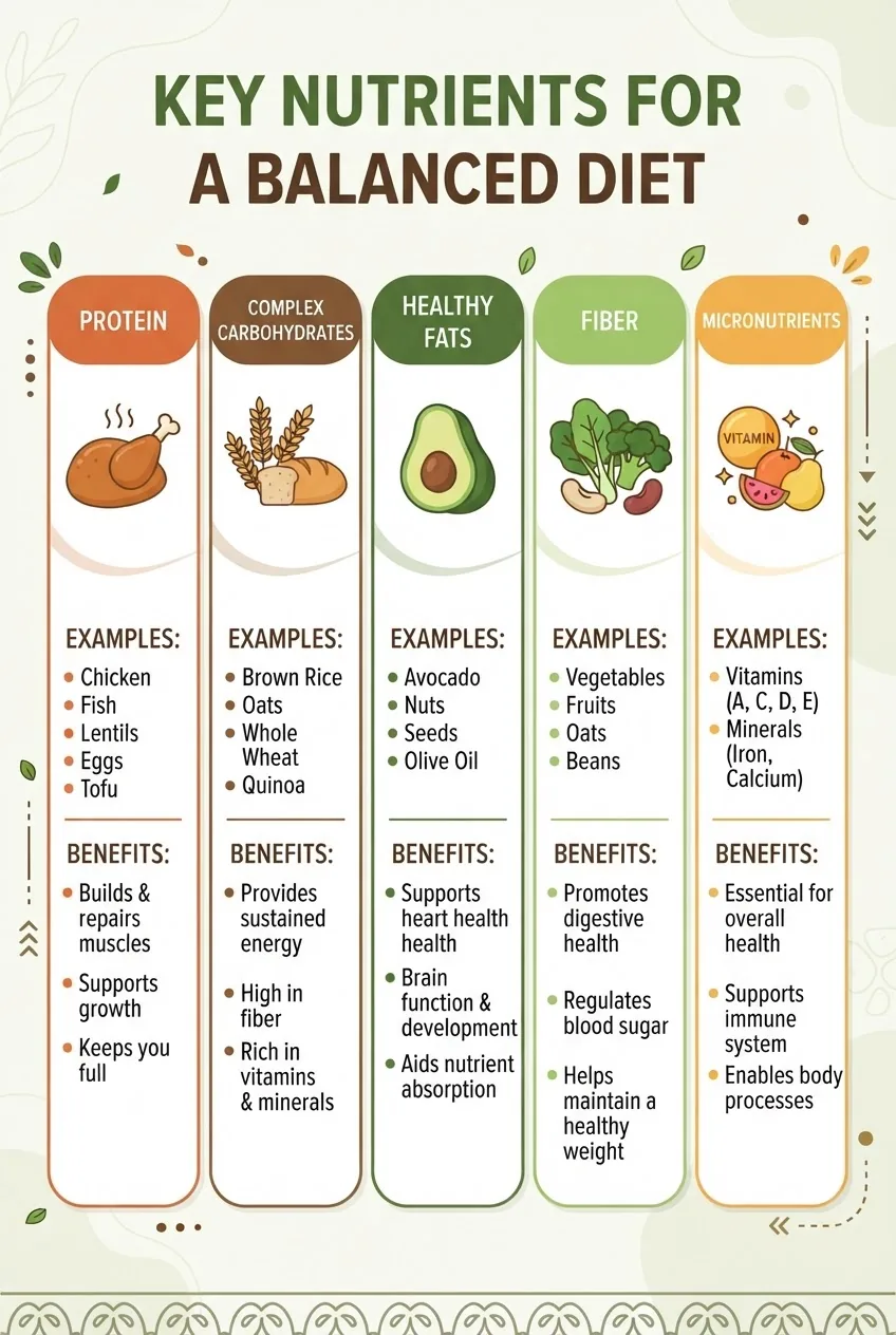 Infographic featuring five vertical sections labeled Protein, Complex Carbohydrates, Healthy Fats, Fiber, and Micronutrients; each section