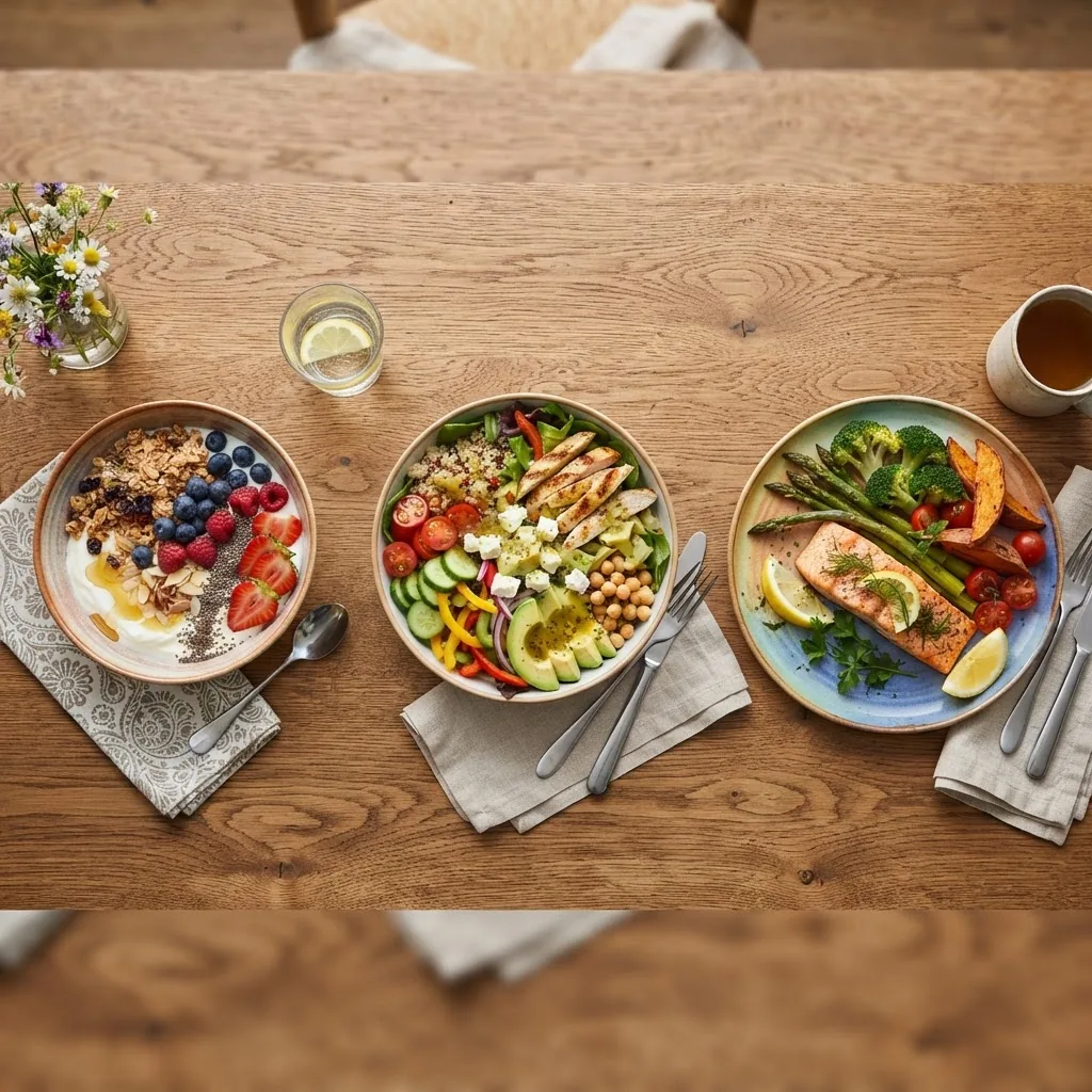 top-down view of three plated single-serving healthy meals arranged on a wooden table: colorful breakfast bowl with fruits and nuts, a