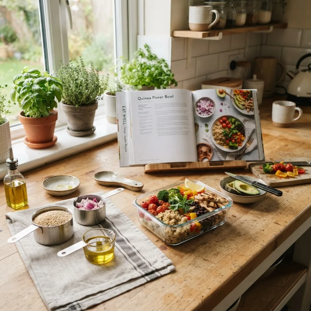 bright kitchen countertop featuring a single-serve meal prep setup with fresh vegetables, measuring cups, and a cookbook open to a healthy