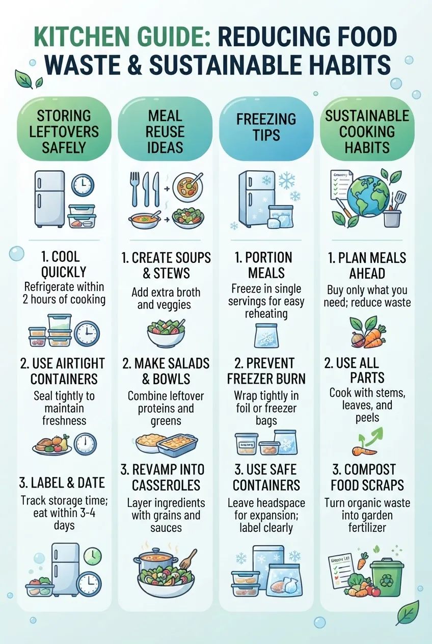 with four columns illustrating: storing leftovers safely, meal reuse ideas, freezing tips, and sustainable cooking habits, each column with