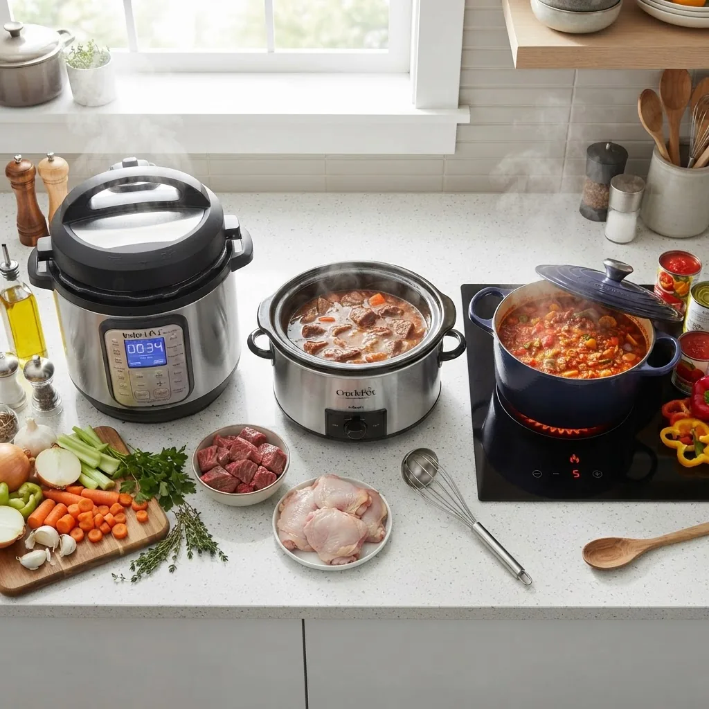 an Instant Pot, slow cooker, and traditional stove-top pot side-by-side on a modern kitchen countertop with fresh ingredients nearby,