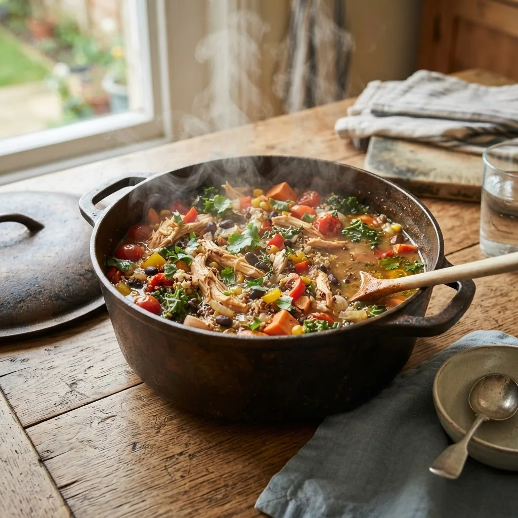 a colorful one pot meal featuring a variety of fresh vegetables, lean protein (chicken and beans), and whole grains steaming in a large