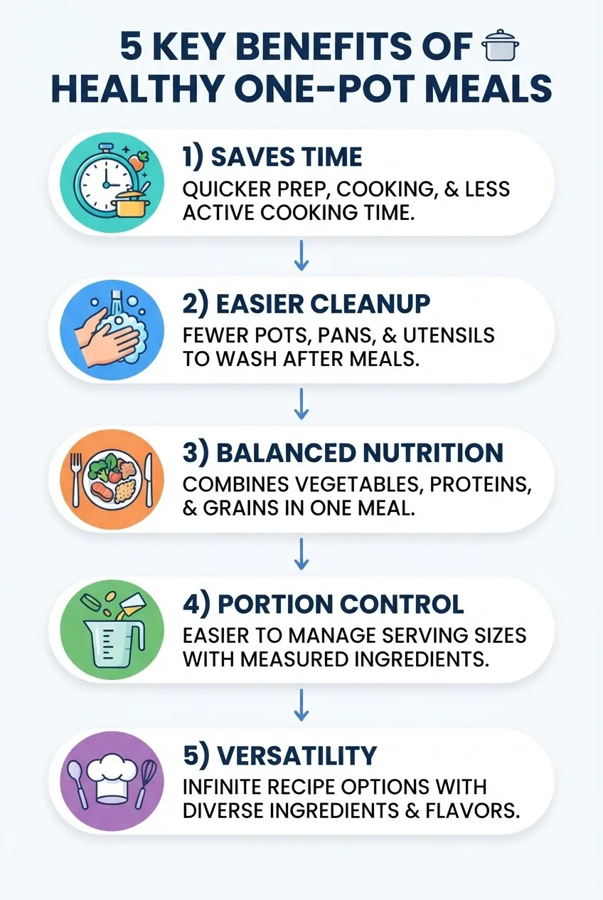 illustrates five key benefits of healthy one pot meals: 1) Saves time (clock icon), 2) Easier cleanup (washing hands icon), 3) Balanced