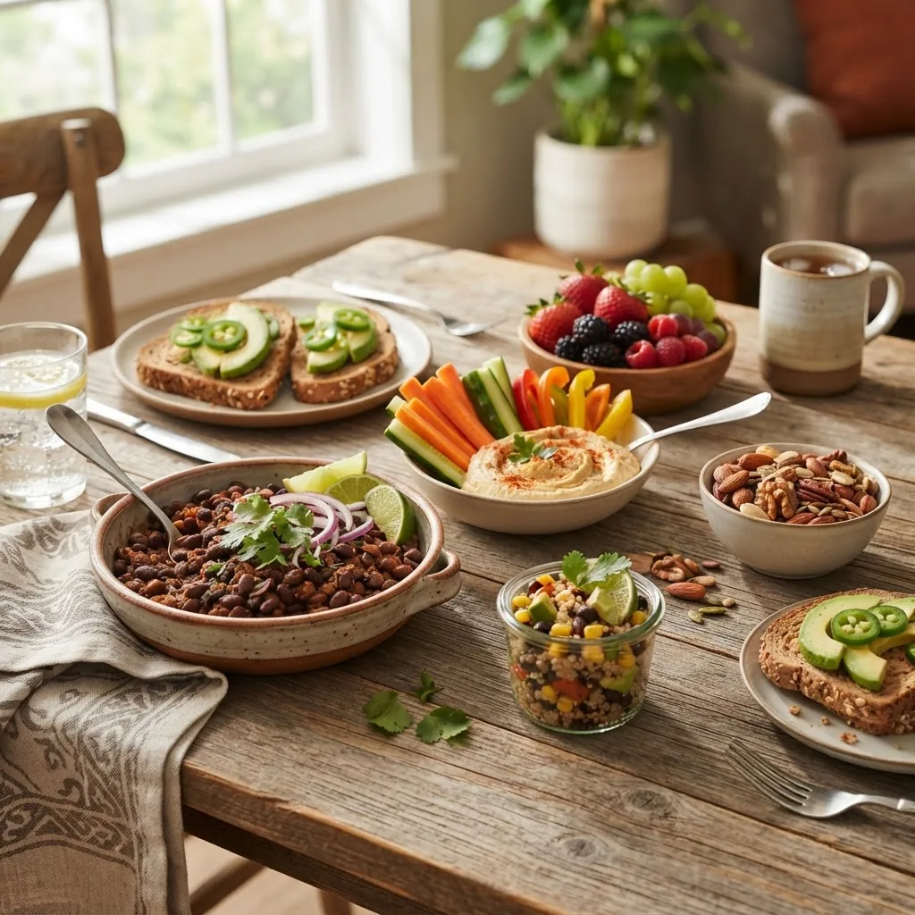 Photo featuring a variety of healthy Texas-style snacks and light meals on a rustic wooden table, including fresh fruits, nuts, vegetable