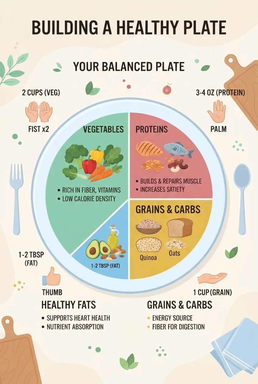 Infographic showing a circular plate divided into sections labeled vegetables, proteins, grains, and fats with simple icons and short stats