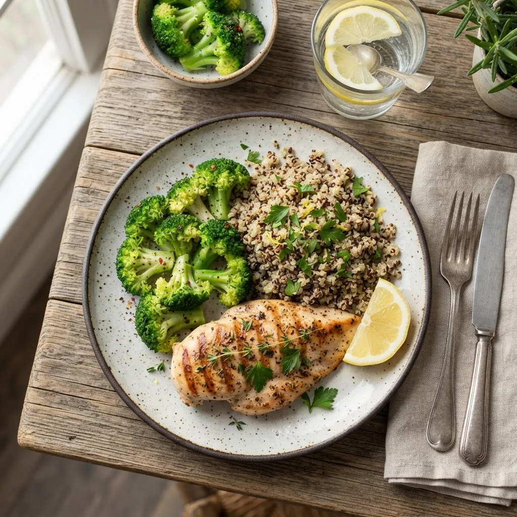 a low-calorie, fat-burning dinner plate featuring grilled chicken breast, steamed broccoli, quinoa, and a wedge of lemon on a rustic wooden