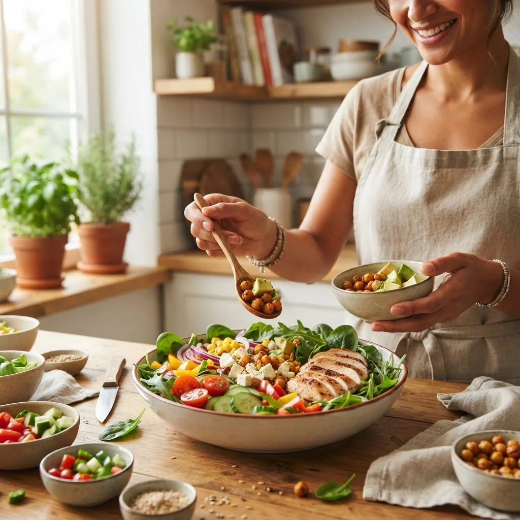 bright and inviting kitchen scene with a person preparing a healthy colorful salad bowl with fresh vegetables and lean protein, natural