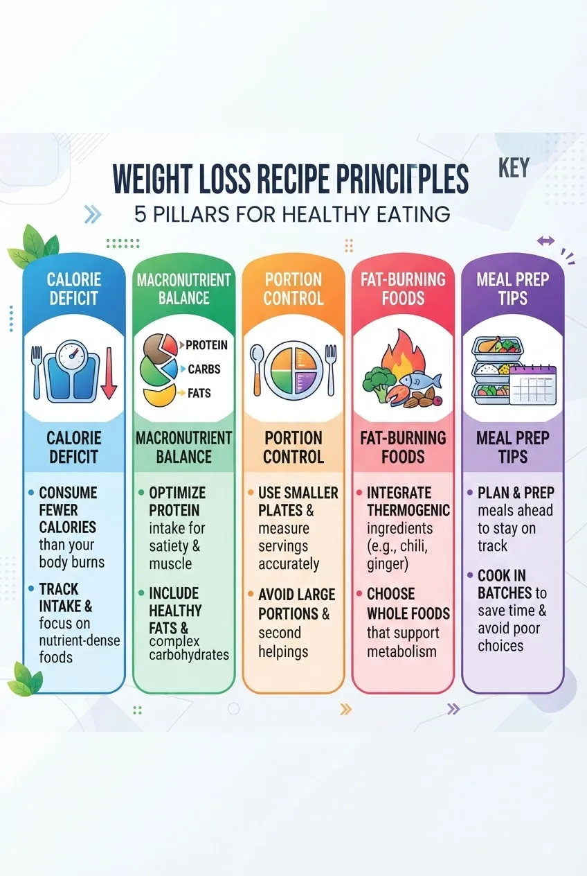 shows five columns representing key weight loss recipe principles: calorie deficit, macronutrient balance, portion control, fat-burning