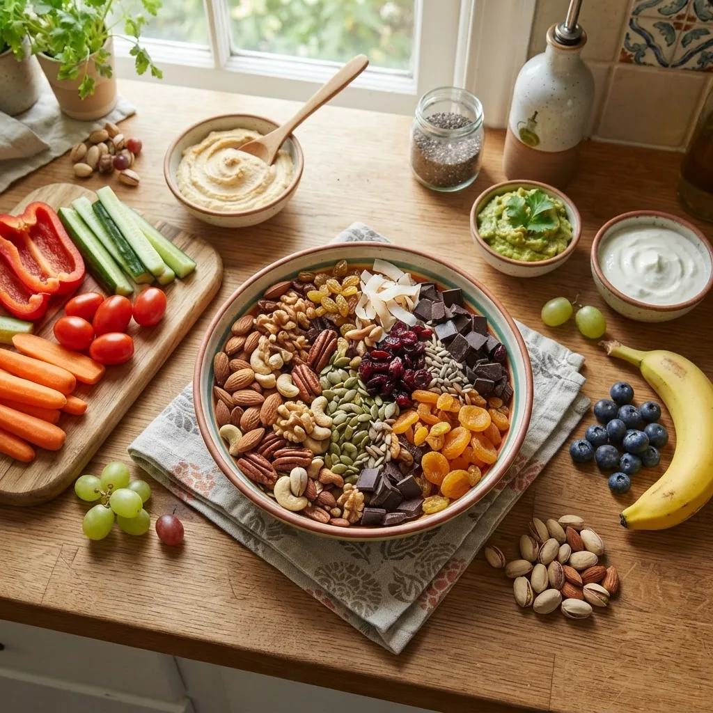 bright kitchen counter featuring a colorful, freshly made trail mix bowl with nuts, seeds, dried fruit and dark chocolate pieces,