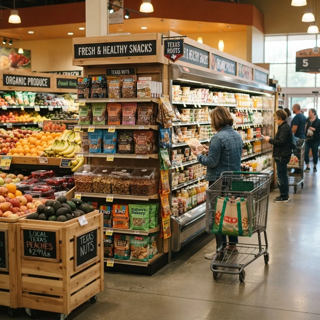 vibrant grocery store aisle in Texas showing fresh fruits, nuts, whole grain snacks, and ready-to-eat healthy snack packages arranged