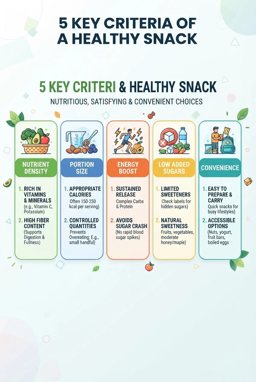 illustrates 5 key criteria of a healthy snack: nutrient density, portion size, energy boost, low added sugars, and convenience; each
