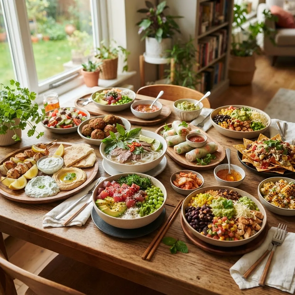 vibrant scene showing a diverse spread of healthy takeout dishes representing Mediterranean, Asian, and Tex-Mex cuisines arranged on a