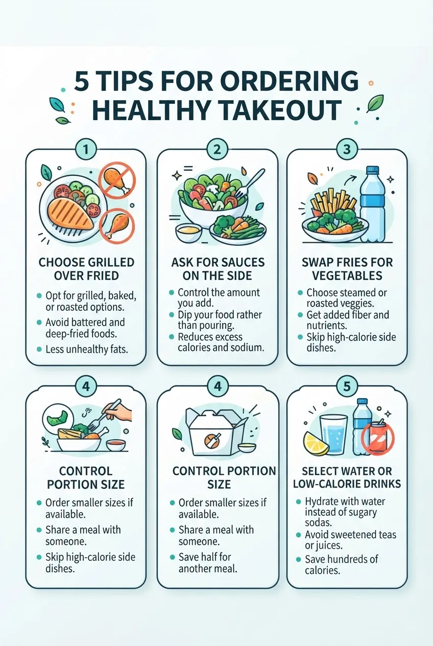 with five columns showing step-by-step tips for ordering healthy takeout: 1) Choose grilled over fried, 2) Ask for sauces on the side, 3)
