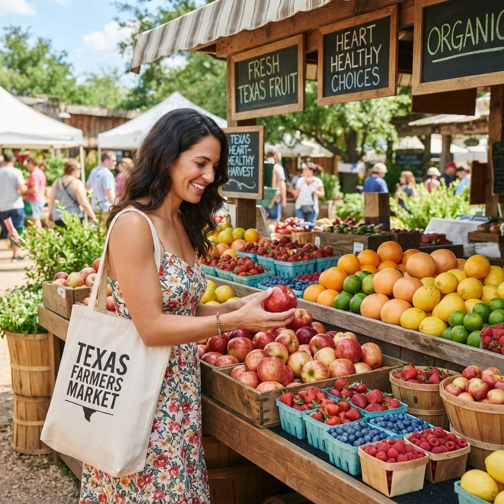 a Texas grocery market fruit stand with fresh heart-healthy fruits such as citrus fruits, berries, and apples, with a shopper picking ripe