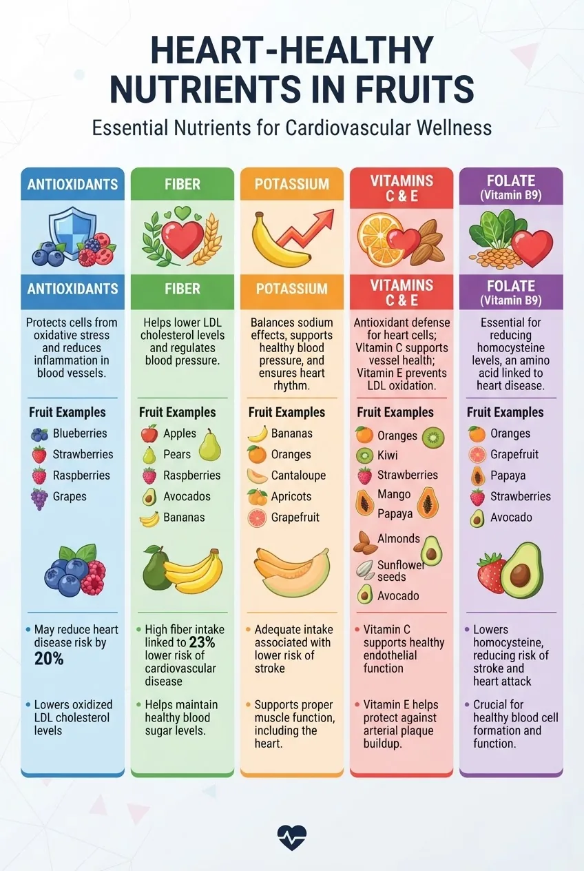 with five vertical columns, each dedicated to a key nutrient (antioxidants, fiber, potassium, vitamins C & E, folate). Each column includes