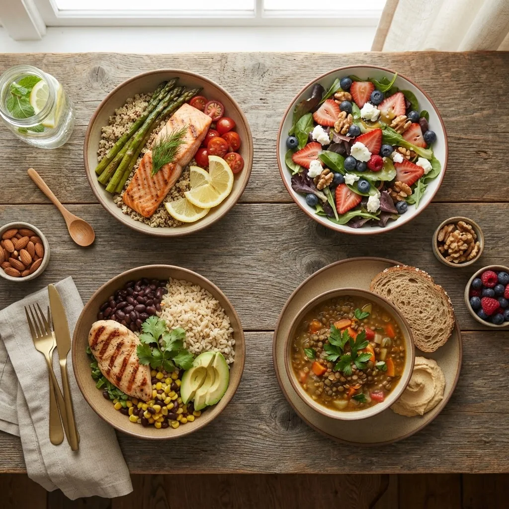 n overhead flat lay of neatly arranged ready-to-eat heart healthy meals with varied ingredients like grilled salmon, quinoa, leafy greens,